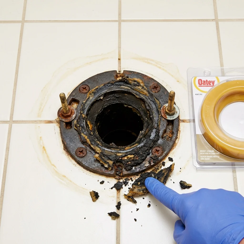 Failed wax ring showing water seepage at the base of a toilet in a Dayton, MN home