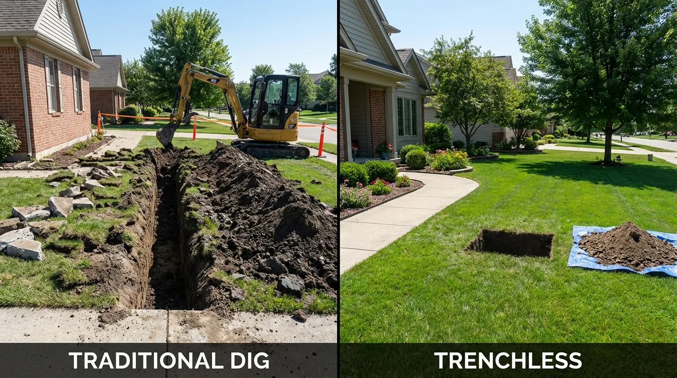 Trenchless sewer repair with minimal yard damage versus traditional excavation in Dayton, MN