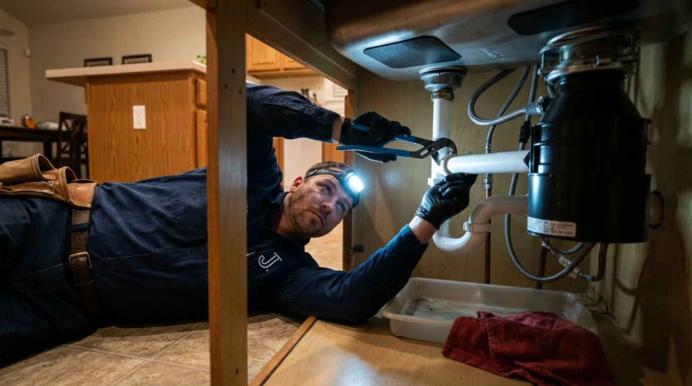 P-trap and supply line connections under a kitchen sink showing a common leak point in Dayton, MN